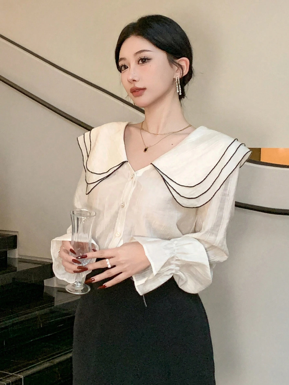 DAZY New Arrival Women's Elegant Long Sleeve Blouse With Contrast Piping Trim And Peter Pan Collar, Front Button Closure, For Autumn