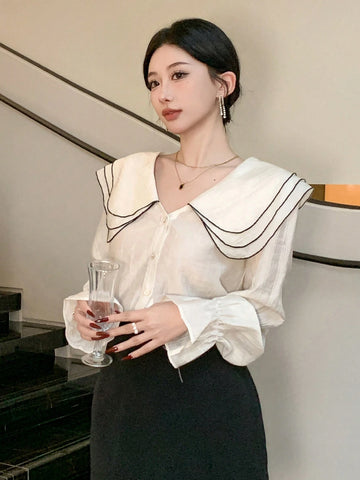 DAZY New Arrival Women's Elegant Long Sleeve Blouse With Contrast Piping Trim And Peter Pan Collar, Front Button Closure, For Autumn