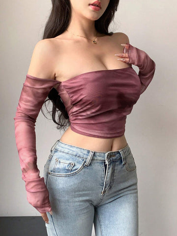 Ombre Transparent Mesh Cropped Off Shoulder Long Sleeved Women Top