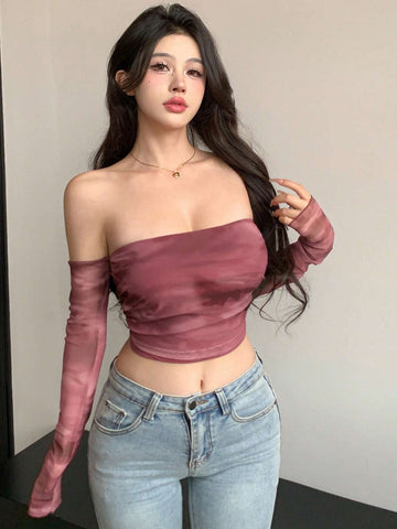 Ombre Transparent Mesh Cropped Off Shoulder Long Sleeved Women Top