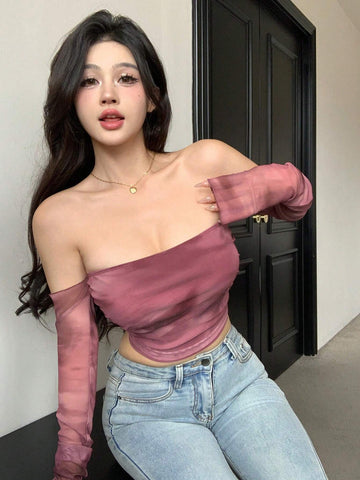 Ombre Transparent Mesh Cropped Off Shoulder Long Sleeved Women Top