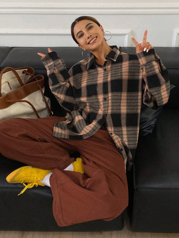 DAZY Oversized Plaid Long Sleeve Collared Blouse For Women