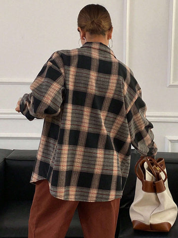 DAZY Oversized Plaid Long Sleeve Collared Blouse For Women