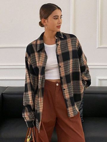 DAZY Oversized Plaid Long Sleeve Collared Blouse For Women