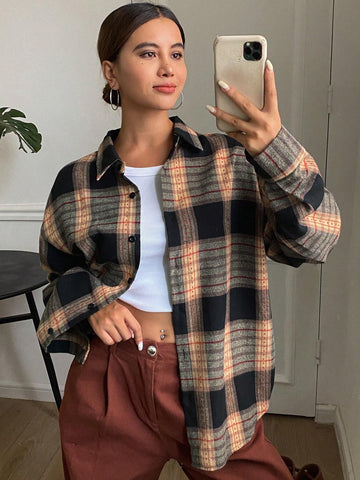 DAZY Oversized Plaid Long Sleeve Collared Blouse For Women