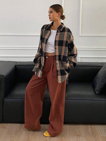 DAZY Oversized Plaid Long Sleeve Collared Blouse For Women