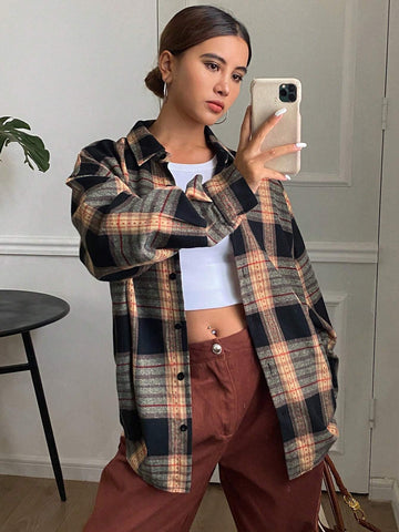 DAZY Oversized Plaid Long Sleeve Collared Blouse For Women