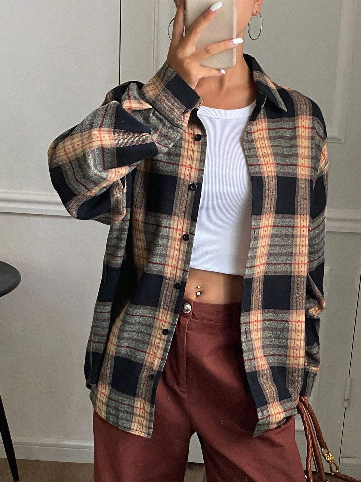 DAZY Oversized Plaid Long Sleeve Collared Blouse For Women