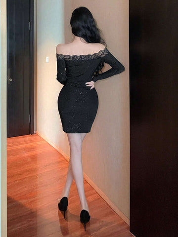 DAZY Party/Back To School Sequins & Lace Splice Off-Shoulder Bodycon Little Black Dress For Women