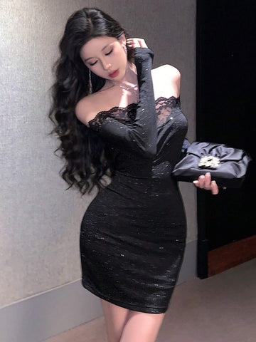 DAZY Party/Back To School Sequins & Lace Splice Off-Shoulder Bodycon Little Black Dress For Women