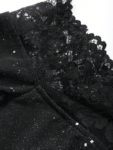 DAZY Party/Back To School Sequins & Lace Splice Off-Shoulder Bodycon Little Black Dress For Women