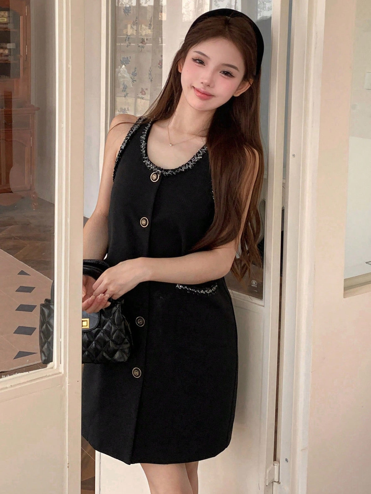 DAZY Patchwork Ribbon & Button Decorated Dress