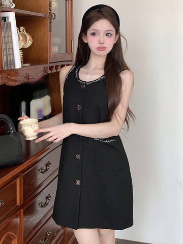 DAZY Patchwork Ribbon & Button Decorated Dress