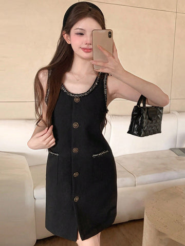 DAZY Patchwork Ribbon & Button Decorated Dress