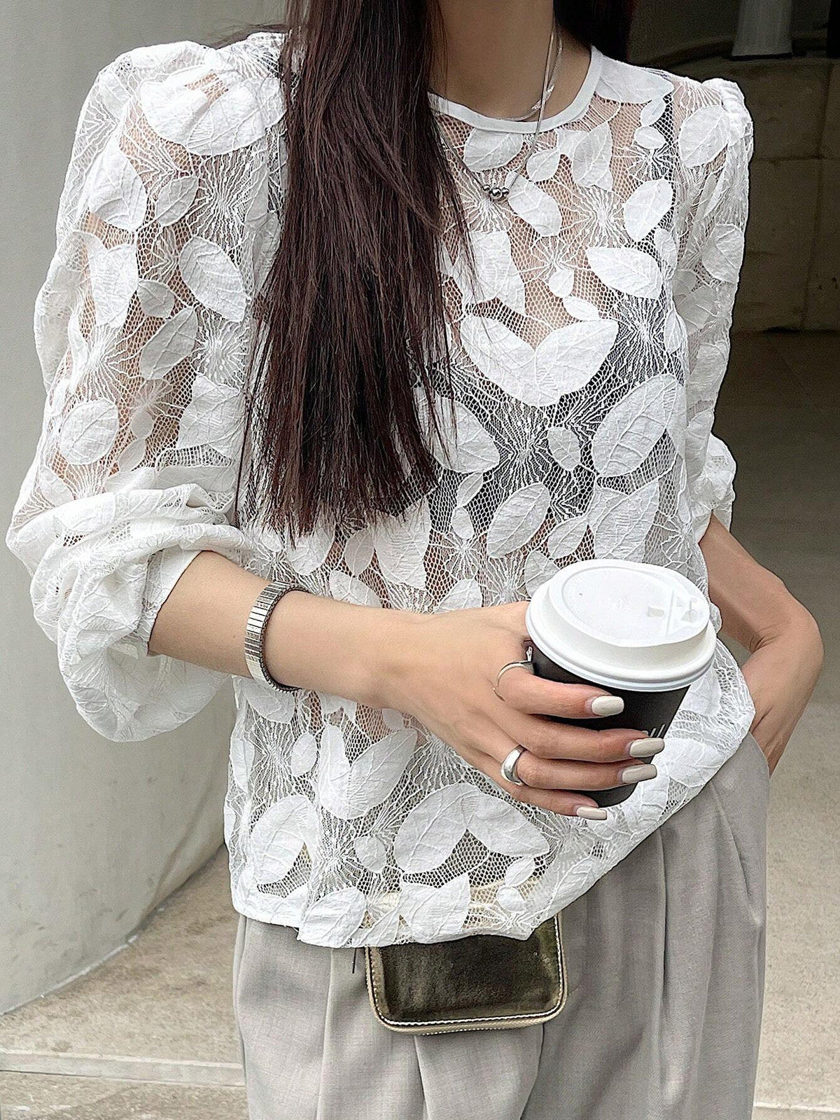 DAZY Perspective Lace Jacquard Round Neck Long Sleeve Women Shirt