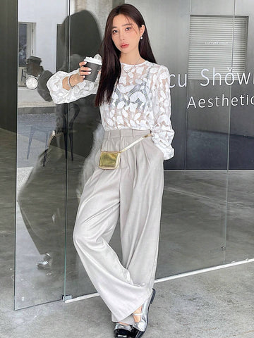 DAZY Perspective Lace Jacquard Round Neck Long Sleeve Women Shirt