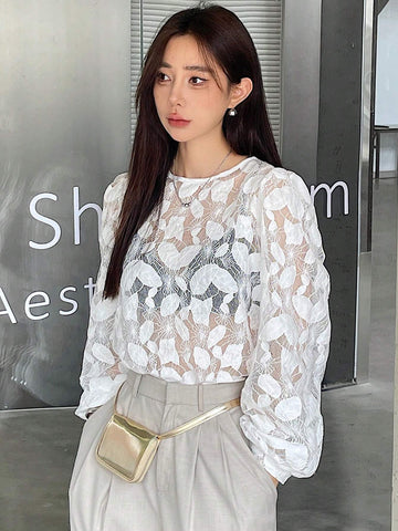 DAZY Perspective Lace Jacquard Round Neck Long Sleeve Women Shirt