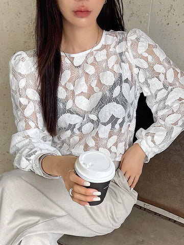DAZY Perspective Lace Jacquard Round Neck Long Sleeve Women Shirt