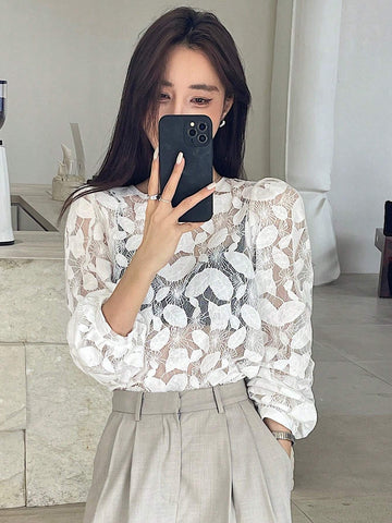 DAZY Perspective Lace Jacquard Round Neck Long Sleeve Women Shirt
