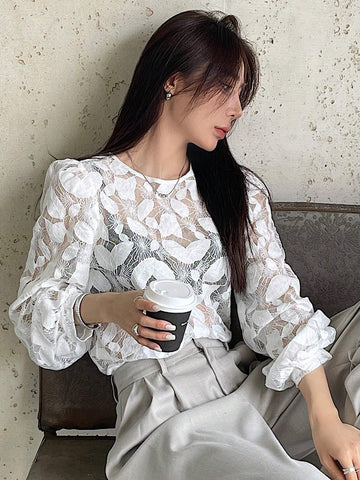 DAZY Perspective Lace Jacquard Round Neck Long Sleeve Women Shirt