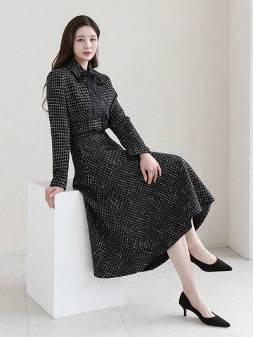 DAZY Plaid Buttoned Shirt And A-Line Midi Skirt