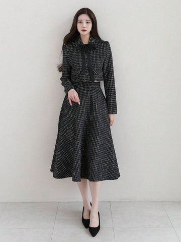 DAZY Plaid Buttoned Shirt And A-Line Midi Skirt