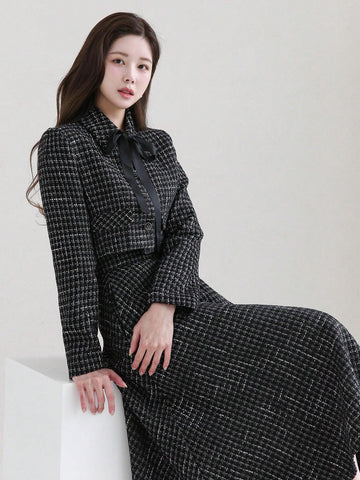 DAZY Plaid Buttoned Shirt And A-Line Midi Skirt