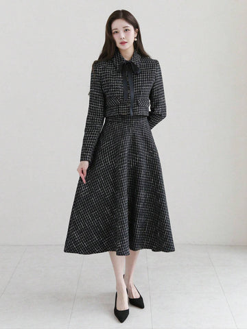 DAZY Plaid Buttoned Shirt And A-Line Midi Skirt