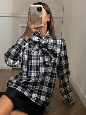 DAZY Plaid Long Sleeve Tie Front Loose Flowing Collar Blouse For Women