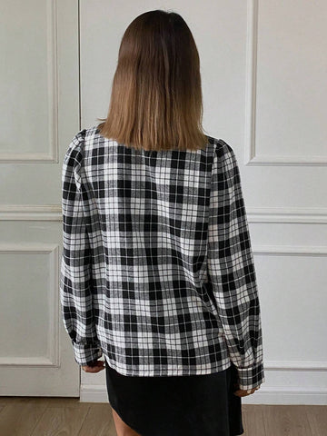 DAZY Plaid Long Sleeve Tie Front Loose Flowing Collar Blouse For Women