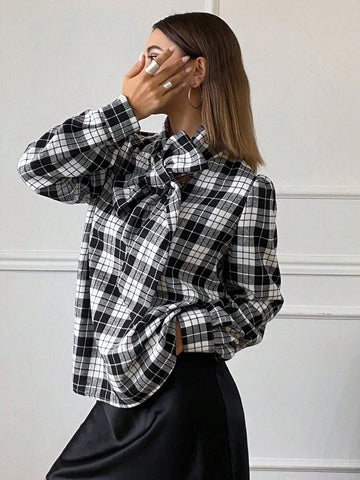 DAZY Plaid Long Sleeve Tie Front Loose Flowing Collar Blouse For Women