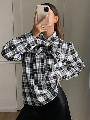 DAZY Plaid Long Sleeve Tie Front Loose Flowing Collar Blouse For Women