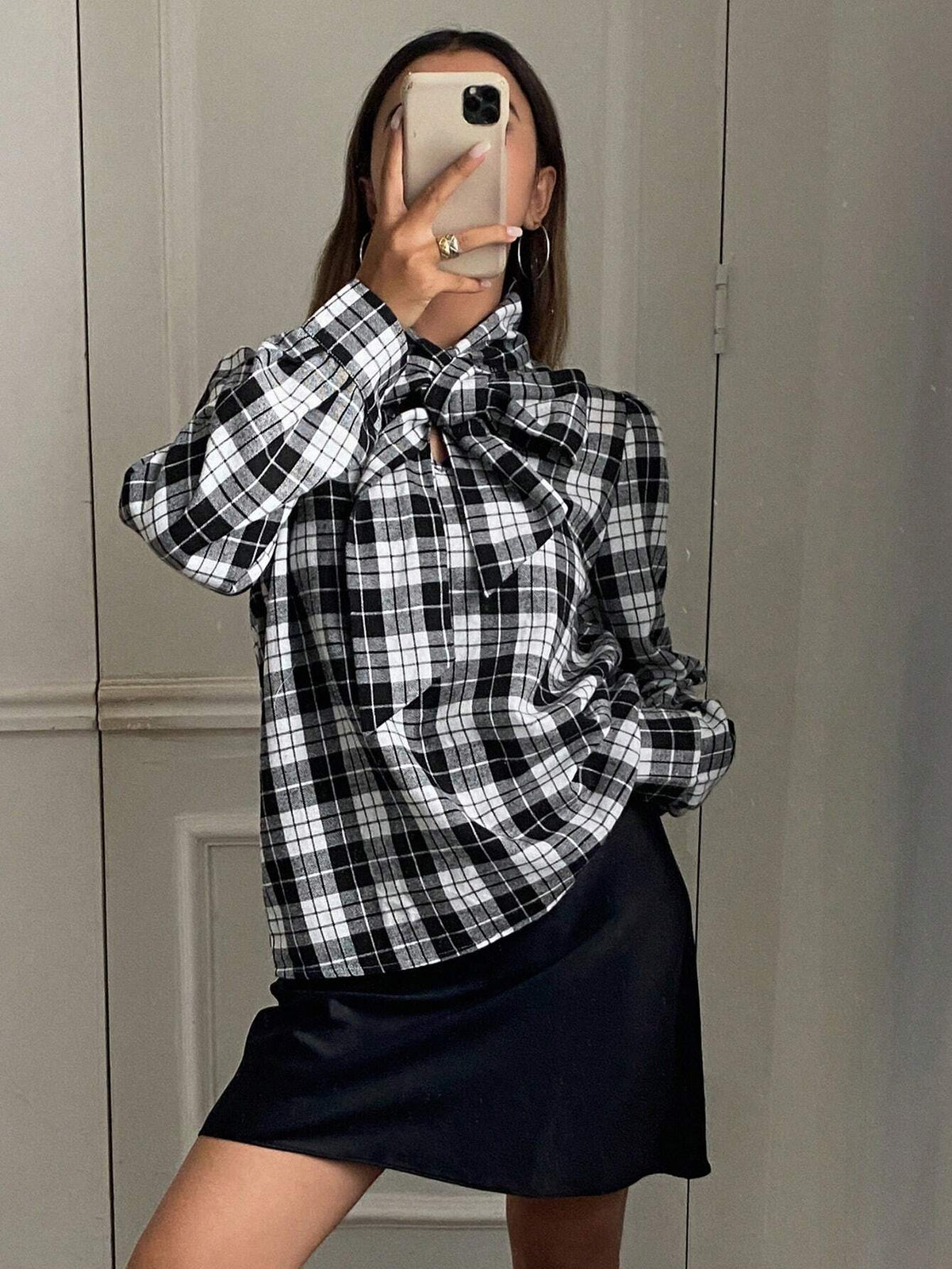 DAZY Plaid Long Sleeve Tie Front Loose Flowing Collar Blouse For Women