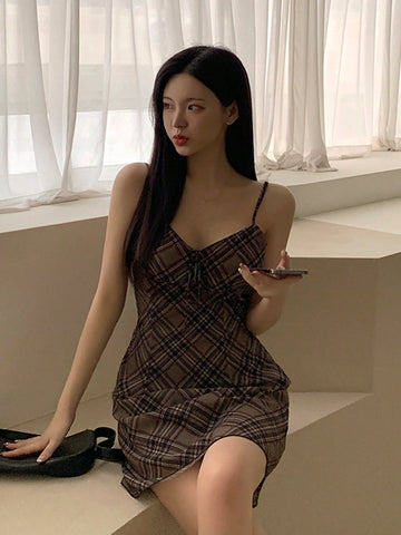 DAZY Plaid Print Cami Tie Front Dress