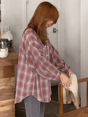 DAZY Plaid Print Drop Shoulder Shirt