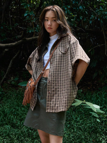 DAZY Plaid Print Drop Shoulder Shirt