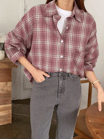 DAZY Plaid Print Drop Shoulder Shirt