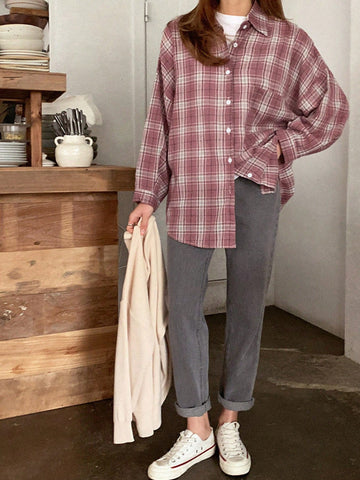 DAZY Plaid Print Drop Shoulder Shirt