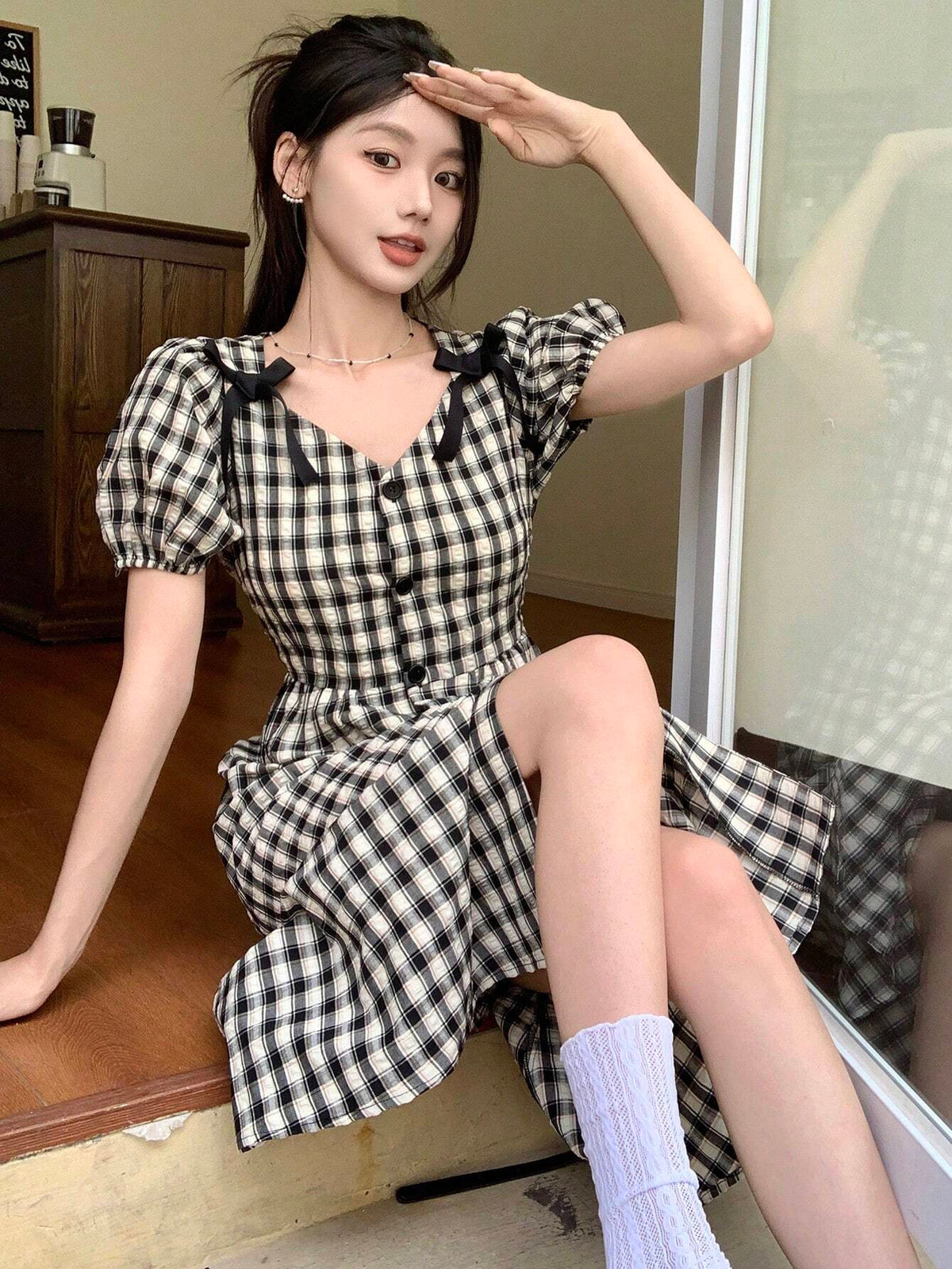 DAZY Plaid Print V-Neck Waist Belted Dress