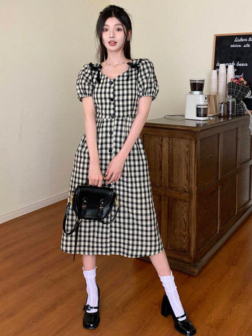 DAZY Plaid Print V-Neck Waist Belted Dress