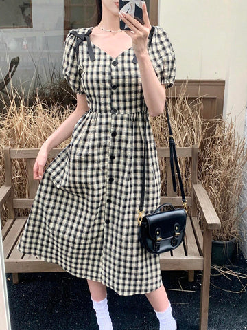 DAZY Plaid Print V-Neck Waist Belted Dress