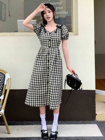 DAZY Plaid Print V-Neck Waist Belted Dress