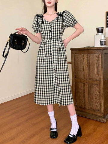 DAZY Plaid Print V-Neck Waist Belted Dress