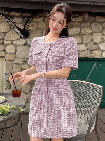 DAZY Plaid Round Neck Fitted Short Sleeve Women's Dress