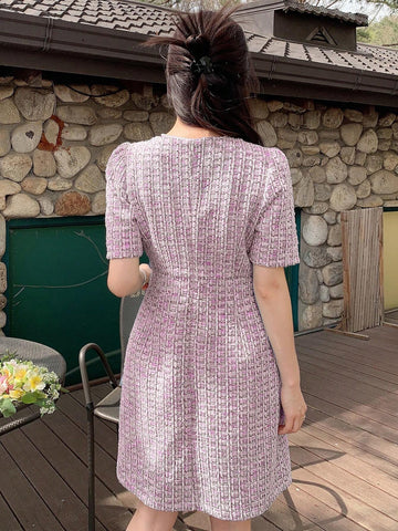 DAZY Plaid Round Neck Fitted Short Sleeve Women's Dress