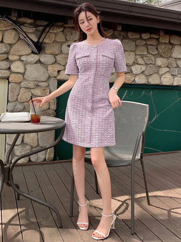 DAZY Plaid Round Neck Fitted Short Sleeve Women's Dress