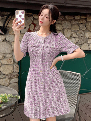 DAZY Plaid Round Neck Fitted Short Sleeve Women's Dress