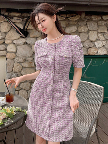 DAZY Plaid Round Neck Fitted Short Sleeve Women's Dress