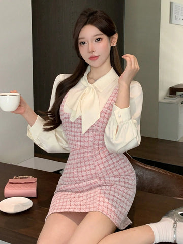 DAZY Plaid Suspender Women Elegant Commuter Short Dress