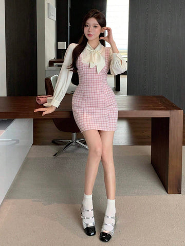 DAZY Plaid Suspender Women Elegant Commuter Short Dress